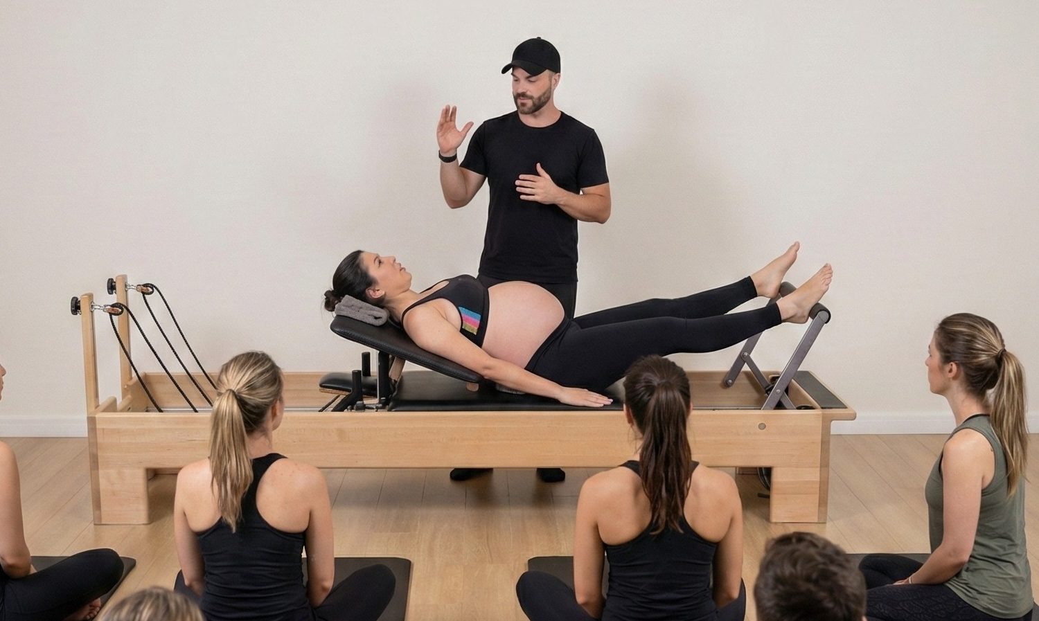 pregnancy reformer pilates workshop training session with instructor and client